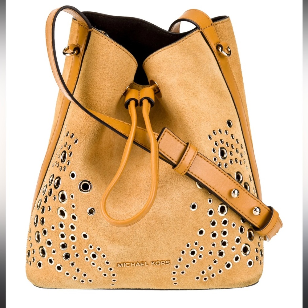 Michael Kors Cary Embellished Suede Marigold Bucket Crossbody Bag